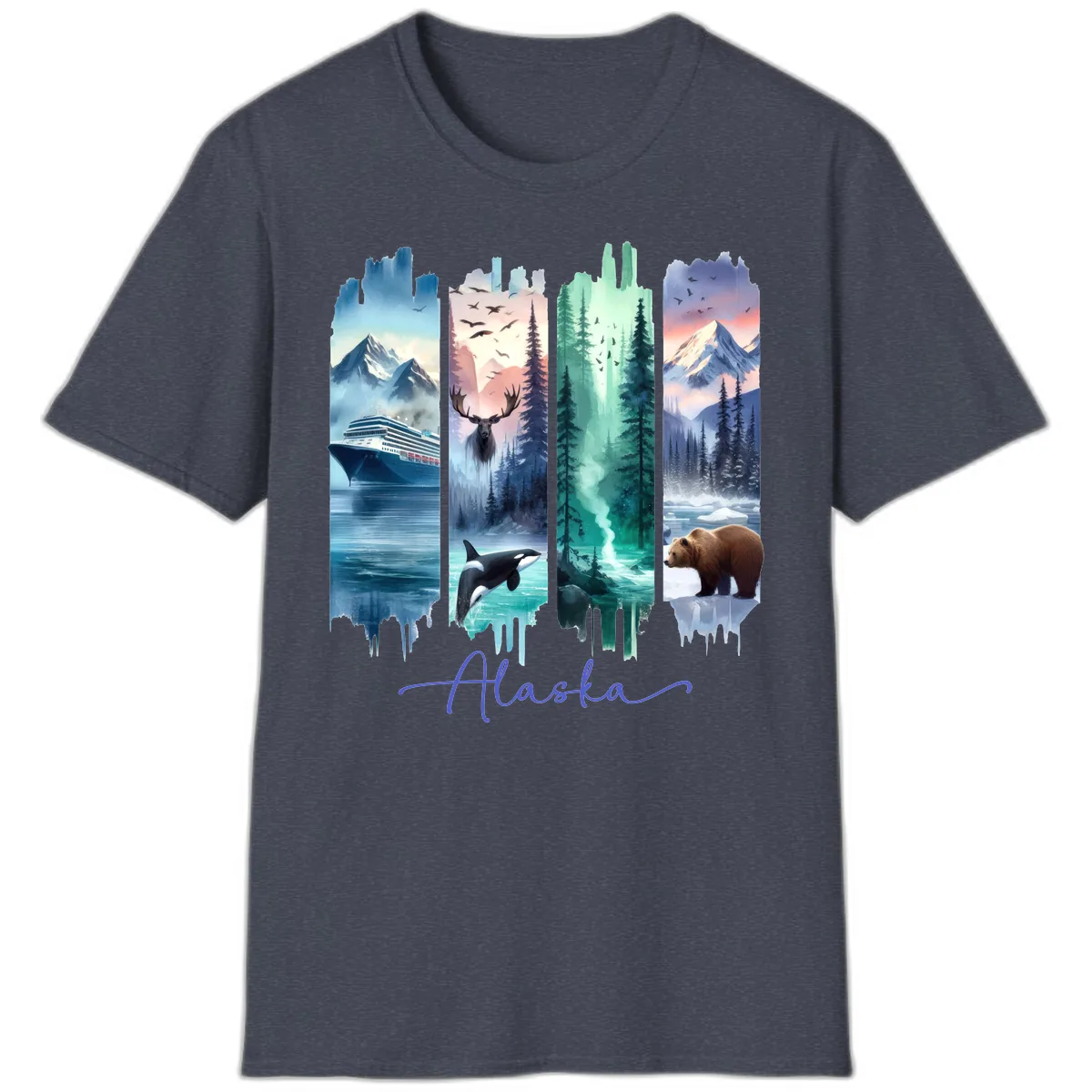 Alaska Four Panel Scenic Wildlife Cruise T-Shirt in Heather Navy