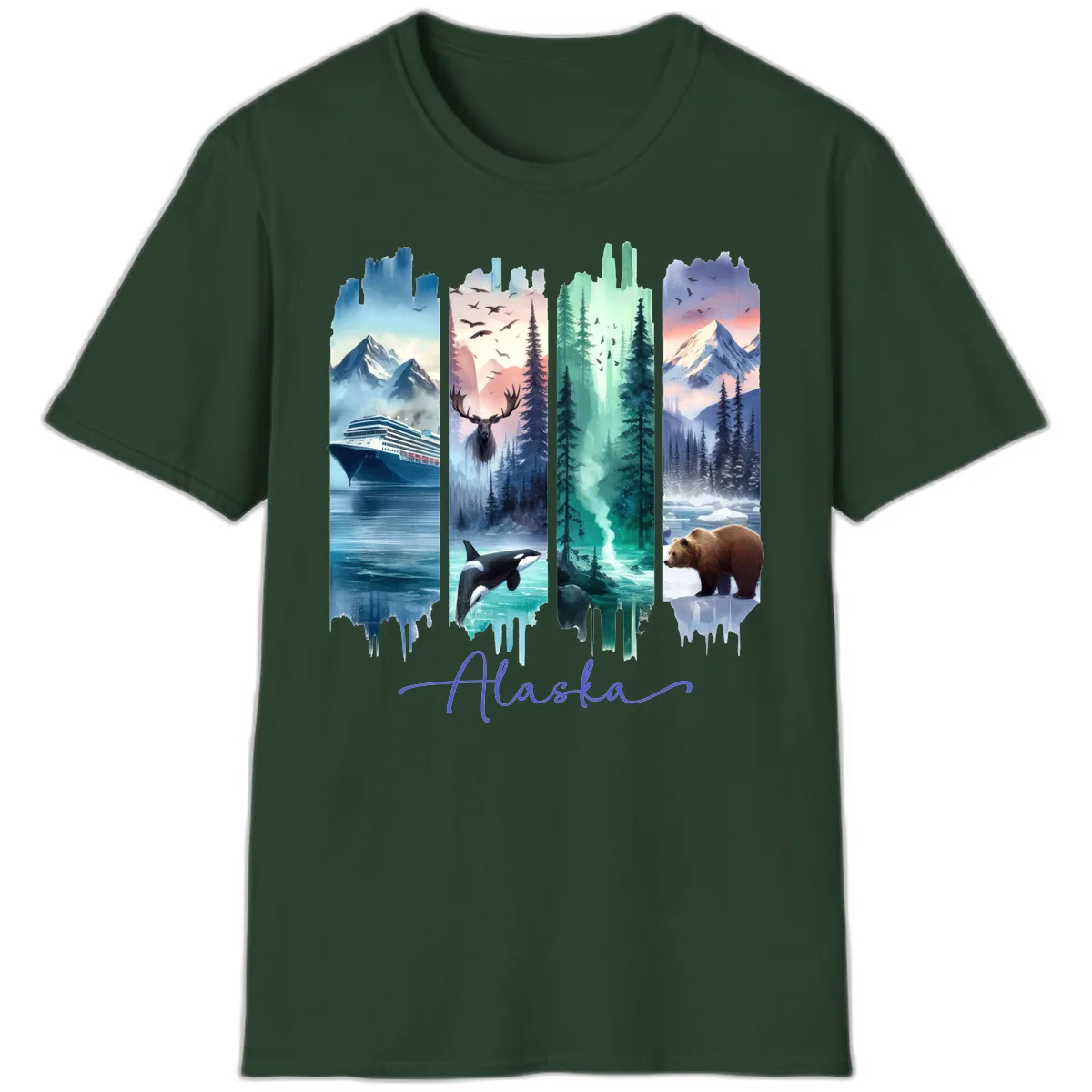 Alaska Four Panel Scenic Wildlife Cruise T-Shirt in Forest Green