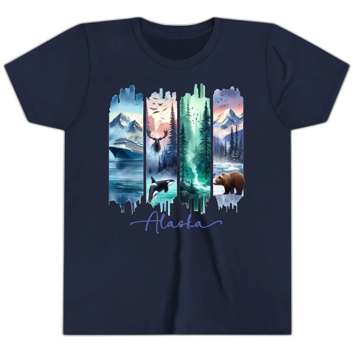 Alaska Four Panel Scenic Wildlife Cruise Youth T-Shirt in Navy