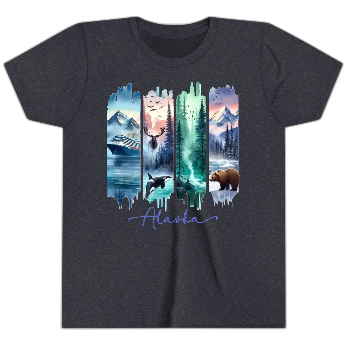 Alaska Four Panel Scenic Wildlife Cruise Youth T-Shirt in Heather Navy