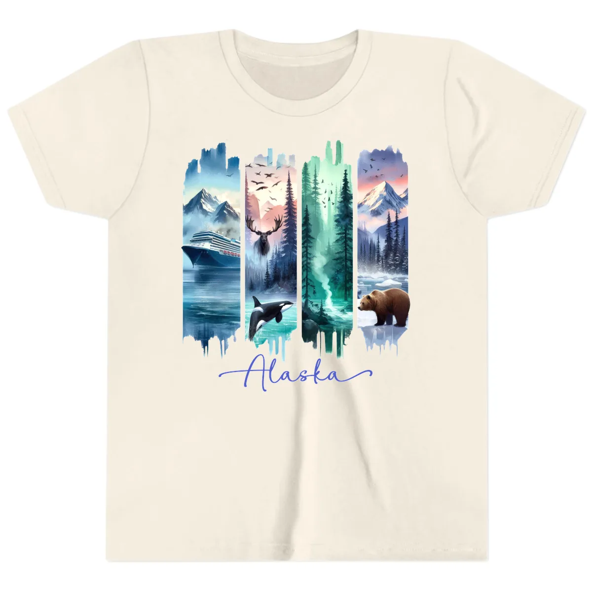 Alaska Four Panel Scenic Wildlife Cruise Youth T-Shirt in Natural
