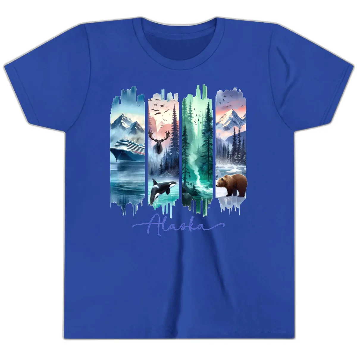 Alaska Four Panel Scenic Wildlife Cruise Youth T-Shirt in True Royal