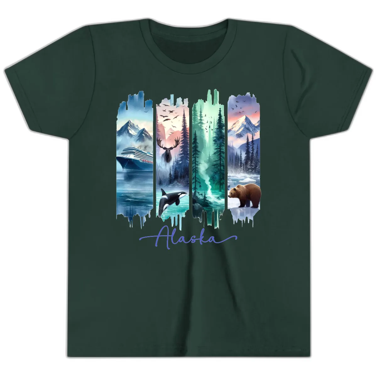 Alaska Four Panel Scenic Wildlife Cruise Youth T-Shirt in Forest