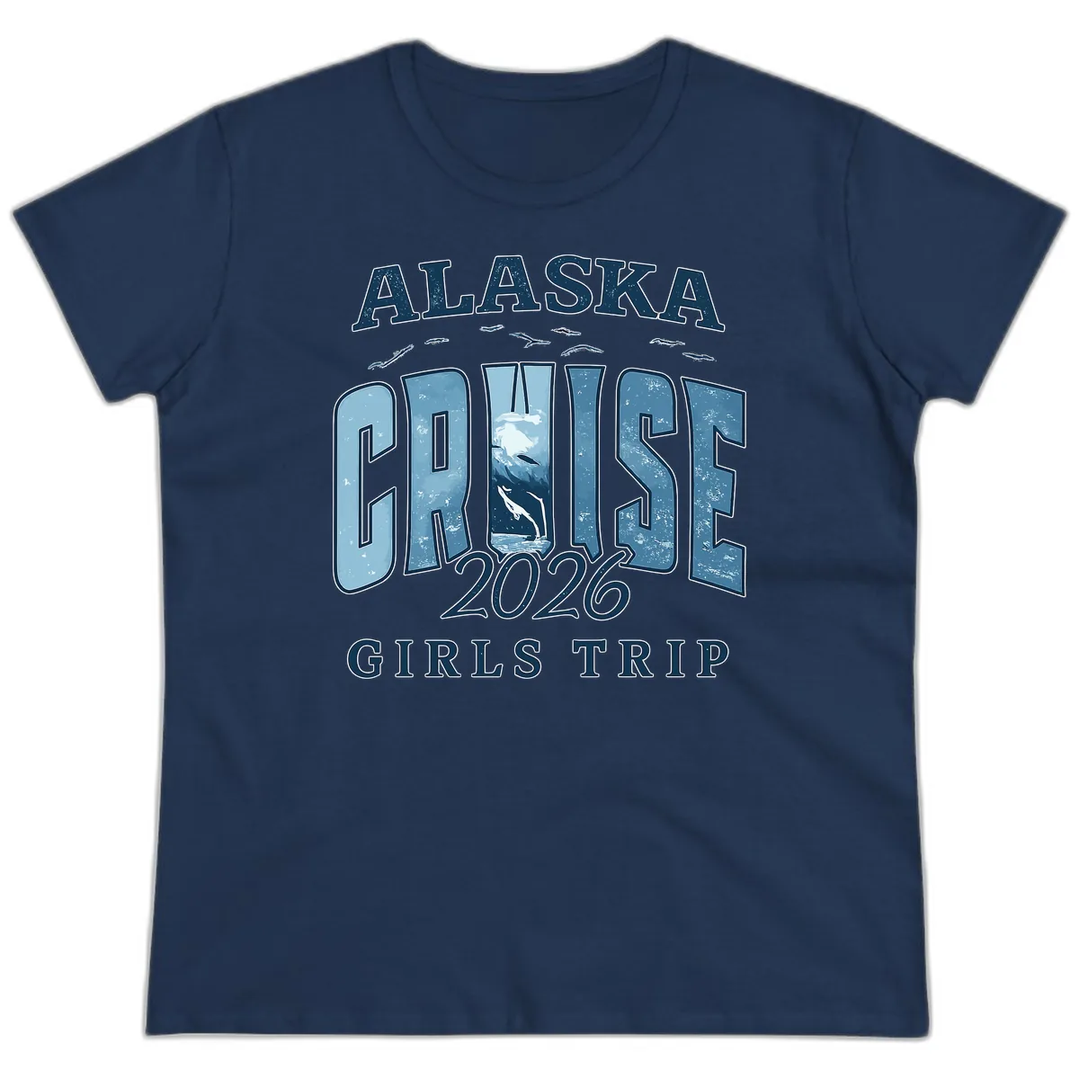 Alaska Cruise 2026 Girls Trip With Whales Design Ladies Tee in Navy