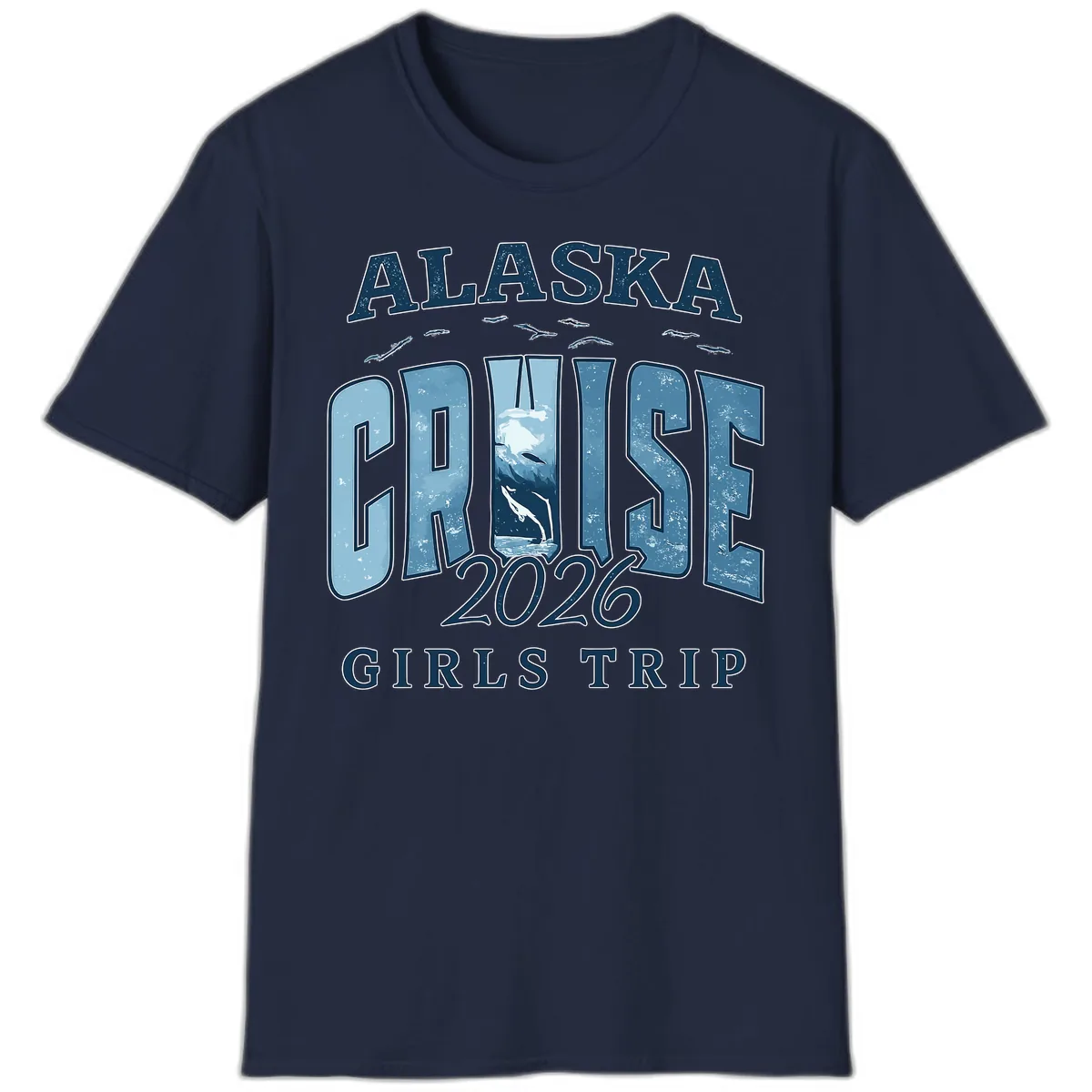 Alaska Cruise 2026 Girls Trip With Whales Design T-Shirt in Navy