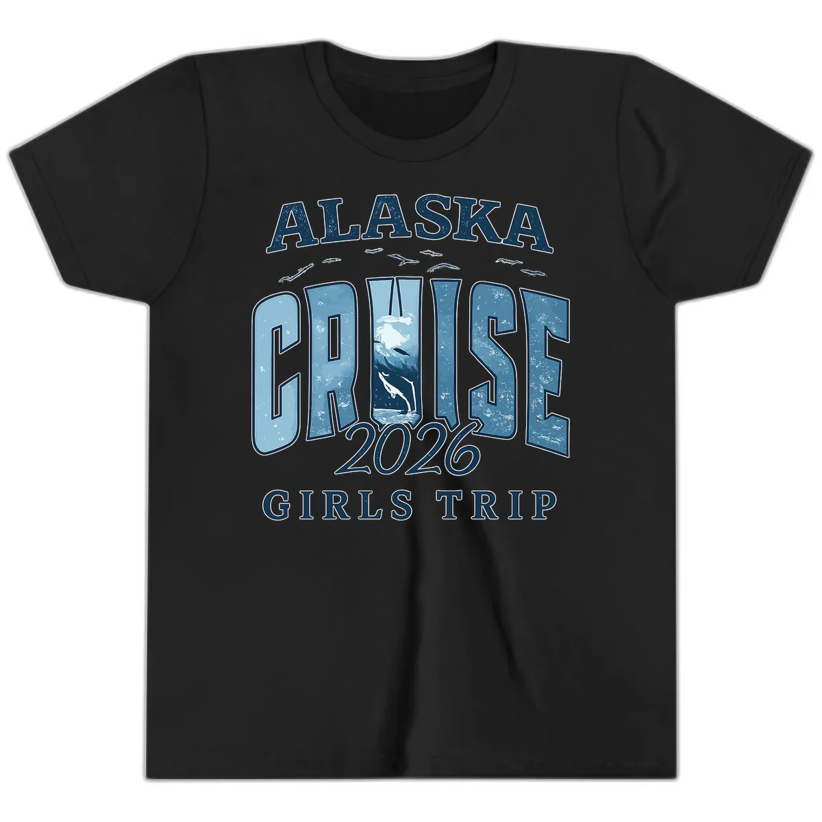 Alaska Cruise 2026 Girls Trip With Whales Design Youth T-Shirt in Black