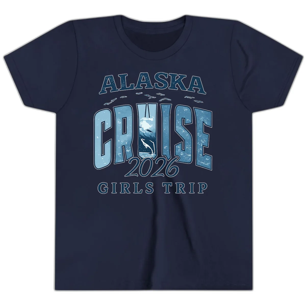 Alaska Cruise 2026 Girls Trip With Whales Design Youth T-Shirt in Navy
