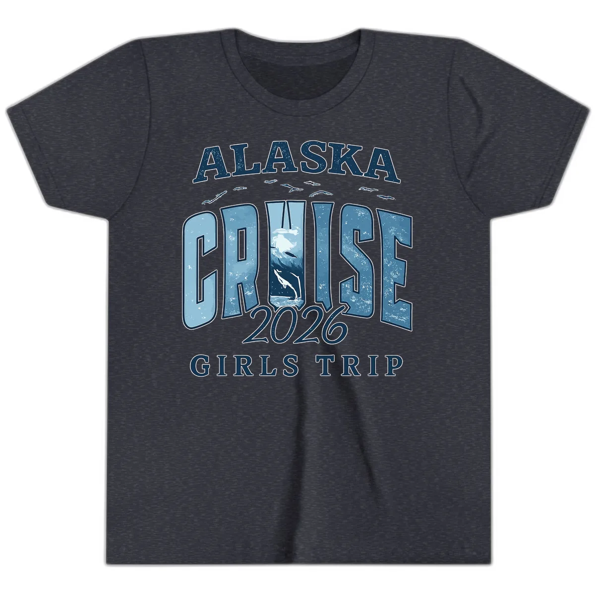 Alaska Cruise 2026 Girls Trip With Whales Design Youth T-Shirt in Heather Navy