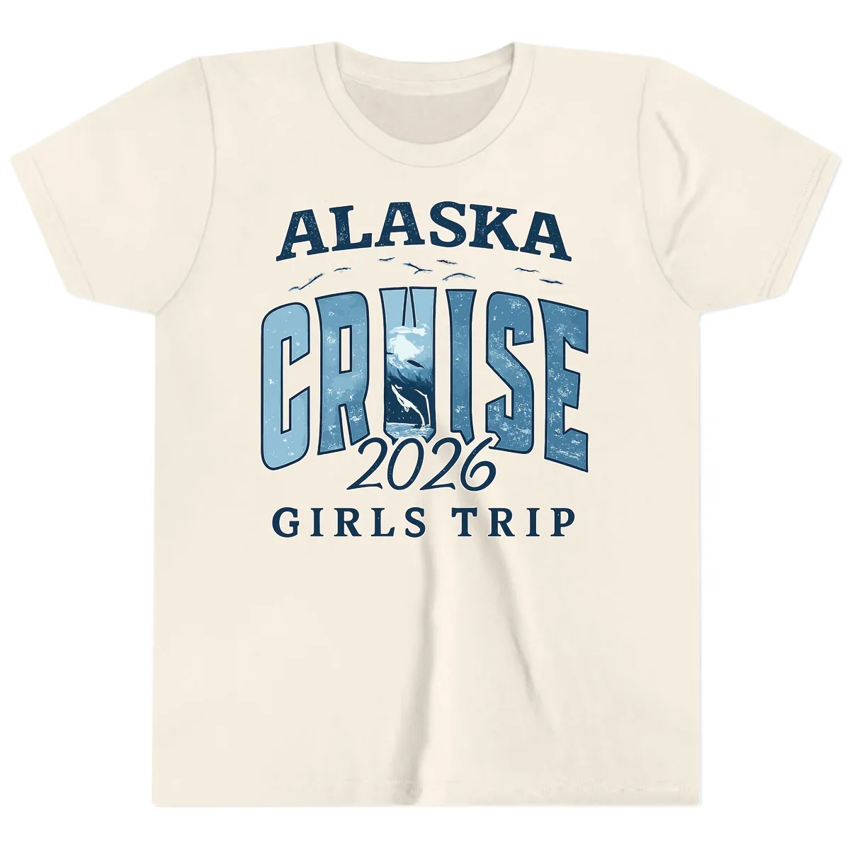 Alaska Cruise 2026 Girls Trip With Whales Design Youth T-Shirt in Natural