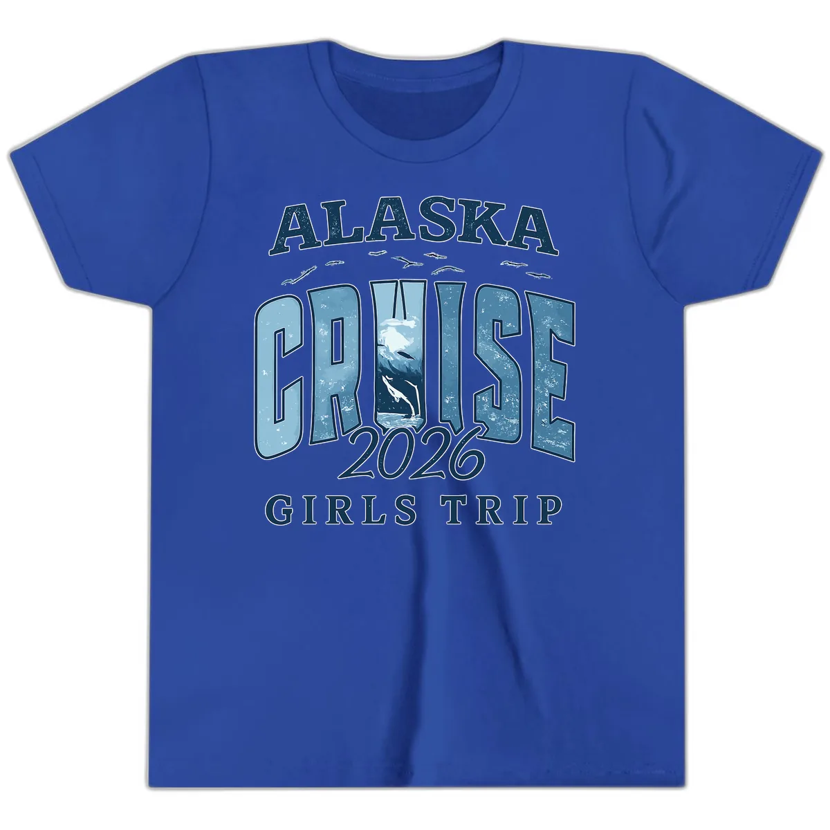 Alaska Cruise 2026 Girls Trip With Whales Design Youth T-Shirt in True Royal