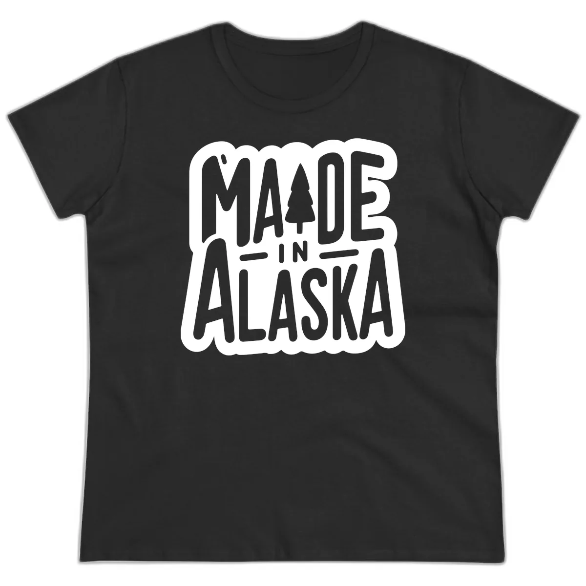 Made In Alaska Pine Tree Badge Ladies Tee in Black