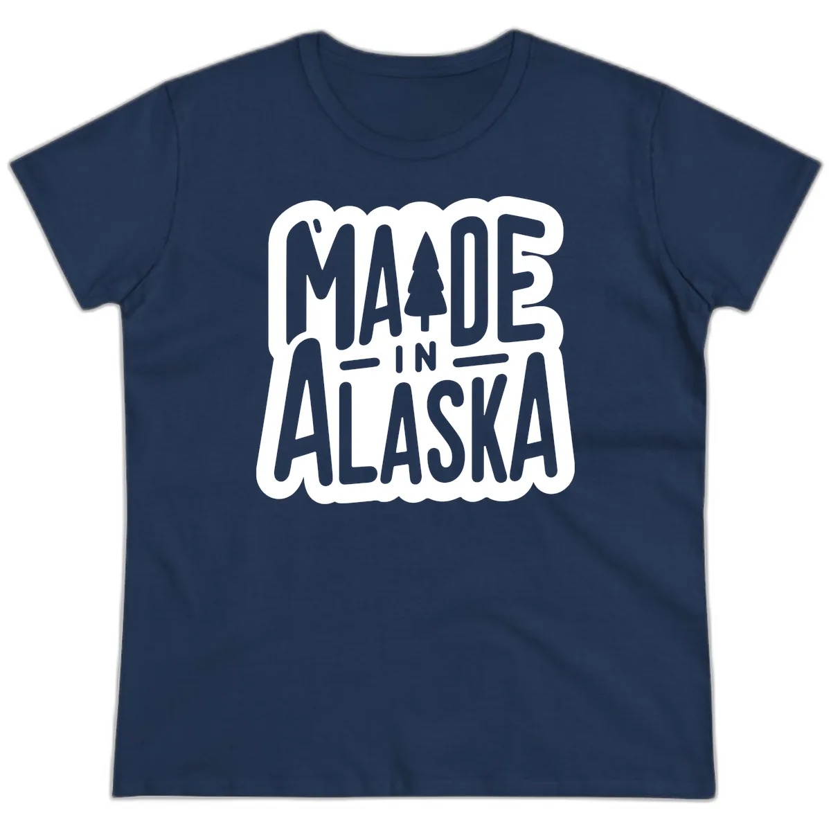 Made In Alaska Pine Tree Badge Ladies Tee in Navy