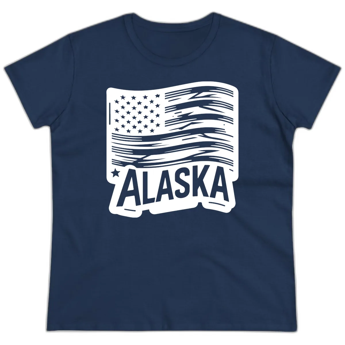 Distressed Alaska Flag with Stars and Stripes Ladies Tee in Navy