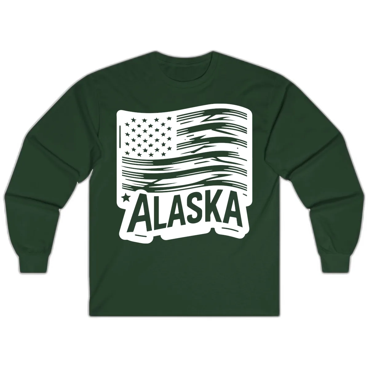 Distressed Alaska Flag with Stars and Stripes Long Sleeve in Forest Green