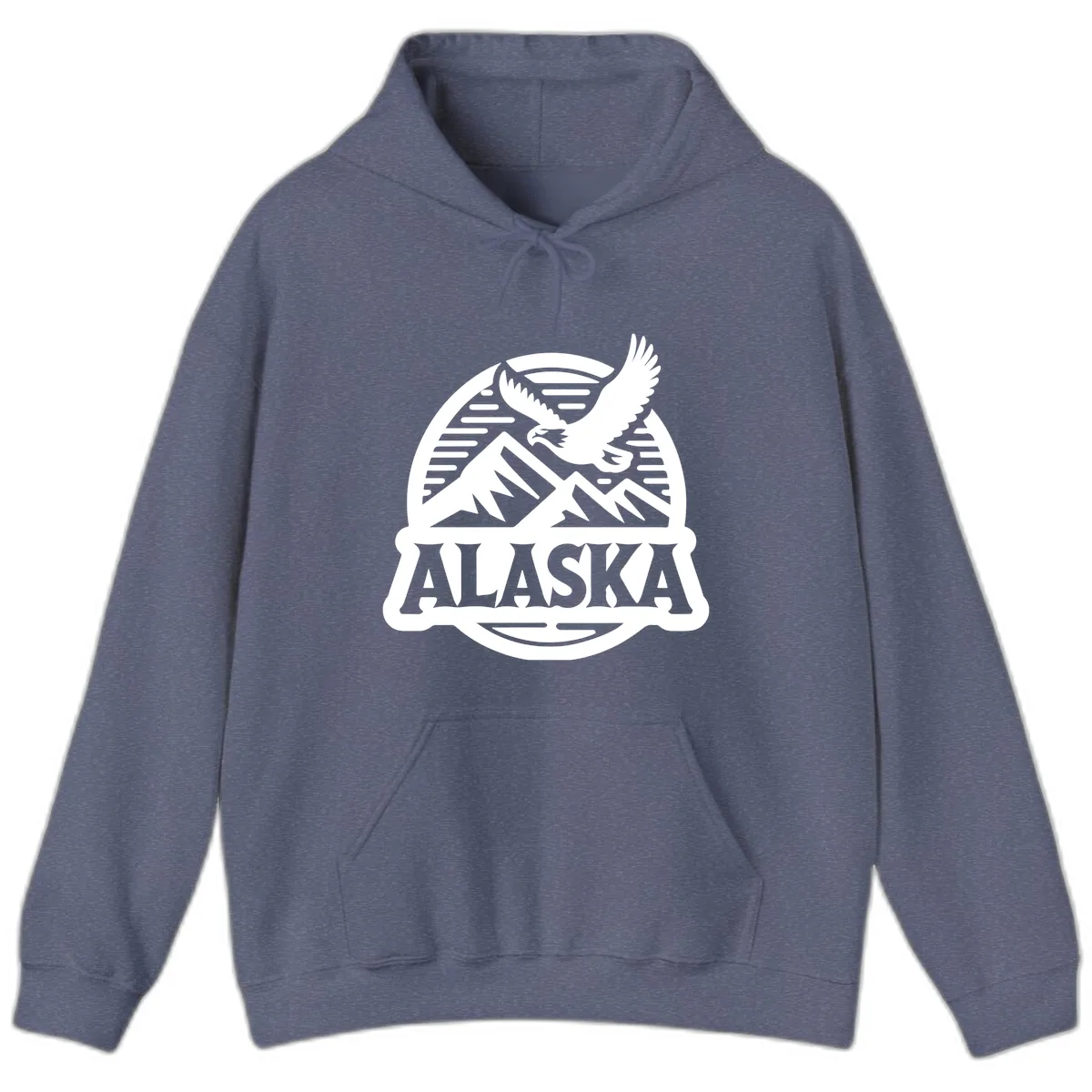 Alaska Eagle Over Mountains Vintage Badge Hoodie in Heather Navy