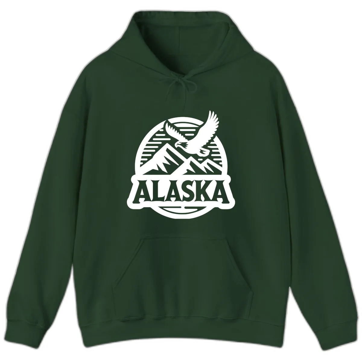 Alaska Eagle Over Mountains Vintage Badge Hoodie in Forest Green