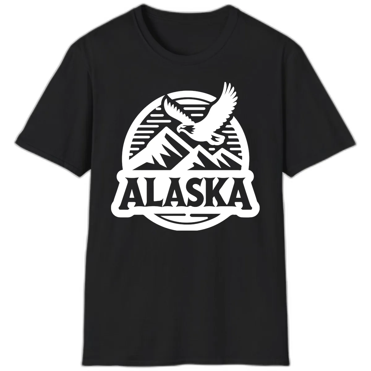 Alaska Eagle Over Mountains Vintage Badge T-Shirt in Black