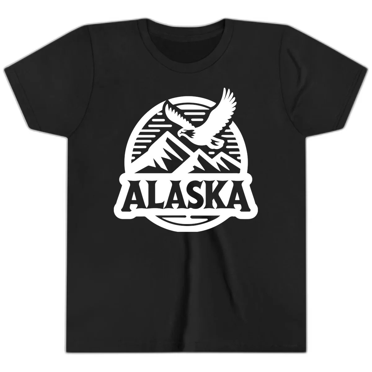 Alaska Eagle Over Mountains Vintage Badge Youth T-Shirt in Black