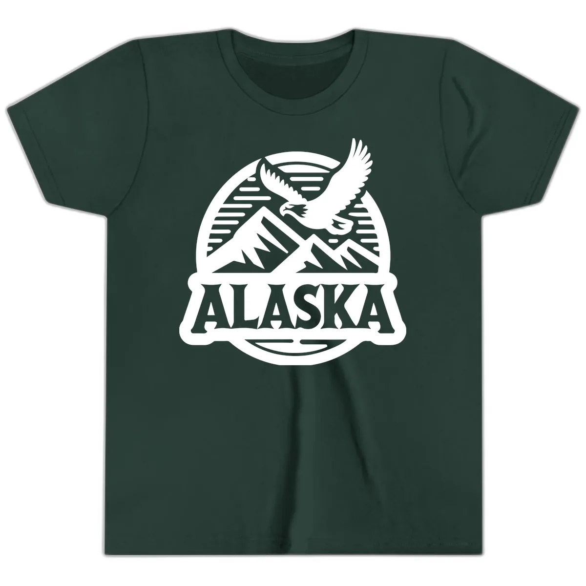 Alaska Eagle Over Mountains Vintage Badge Youth T-Shirt in Forest