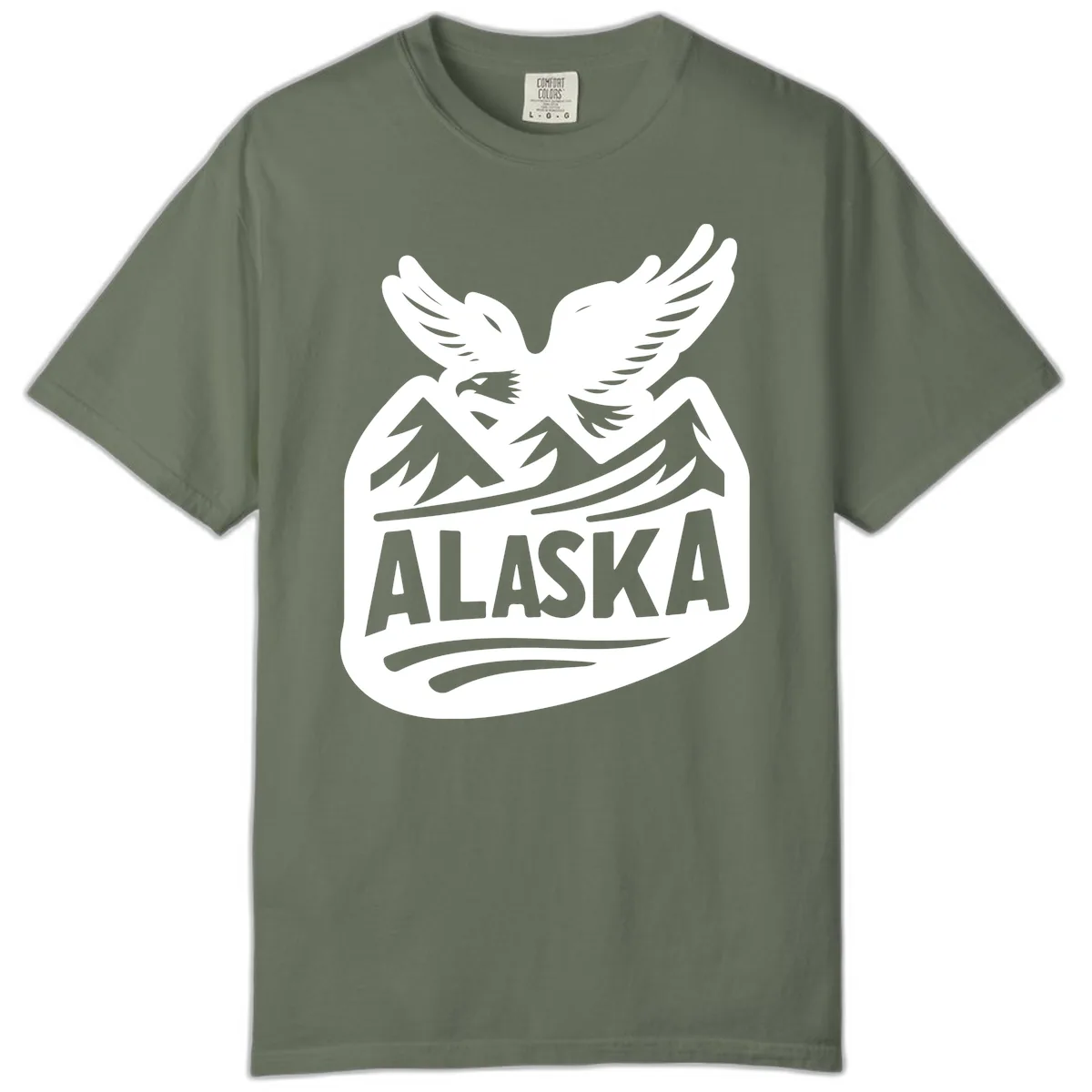 Alaska Flying Eagle Mountain Peaks Emblem Comfort Color in Moss