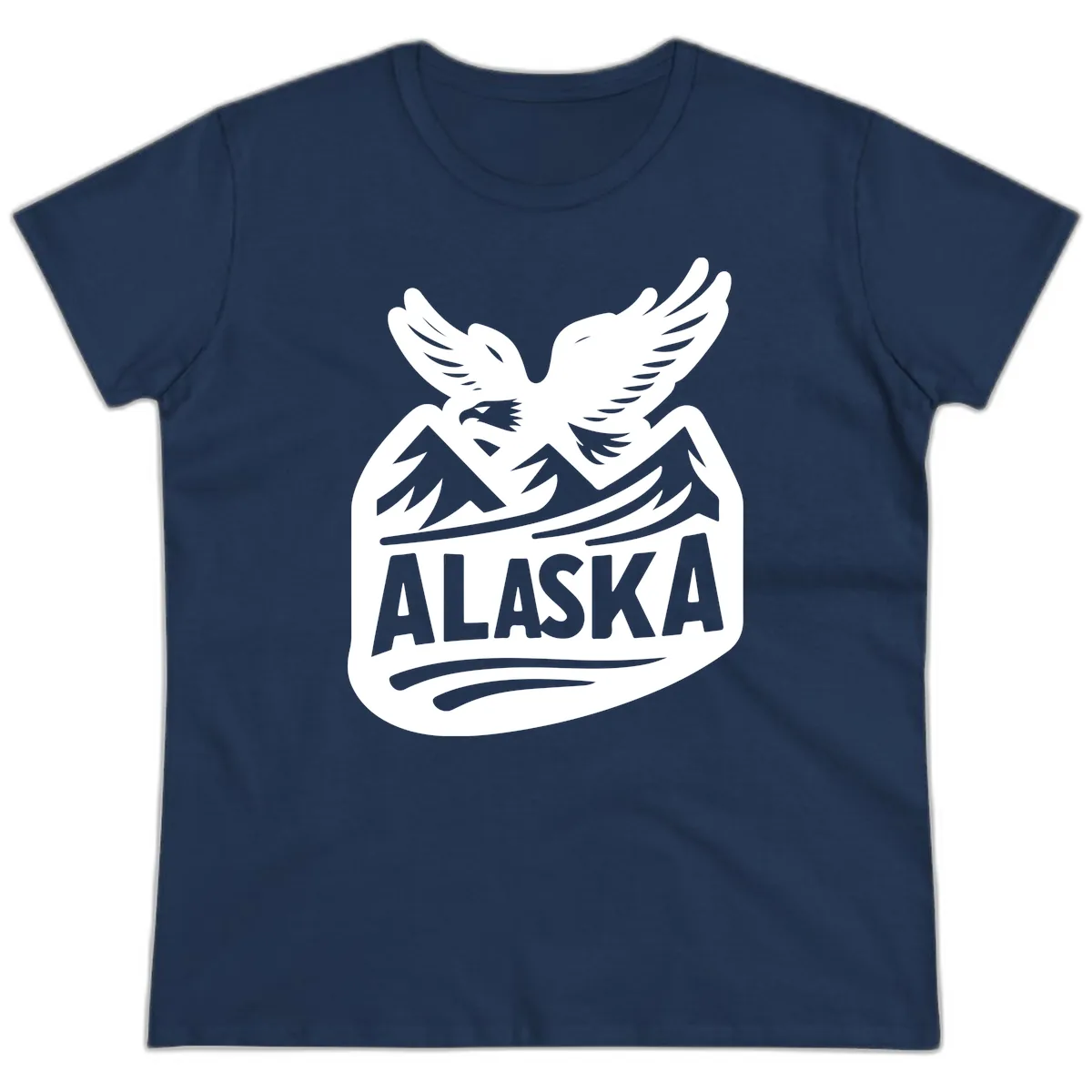 Alaska Flying Eagle Mountain Peaks Emblem Ladies Tee in Navy