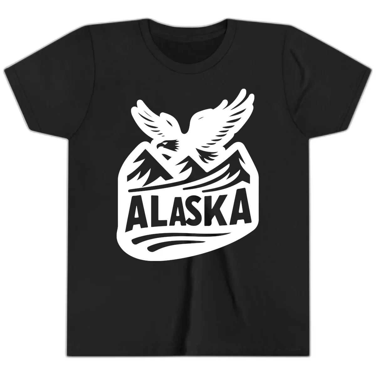 Alaska Flying Eagle Mountain Peaks Emblem Youth T-Shirt in Black