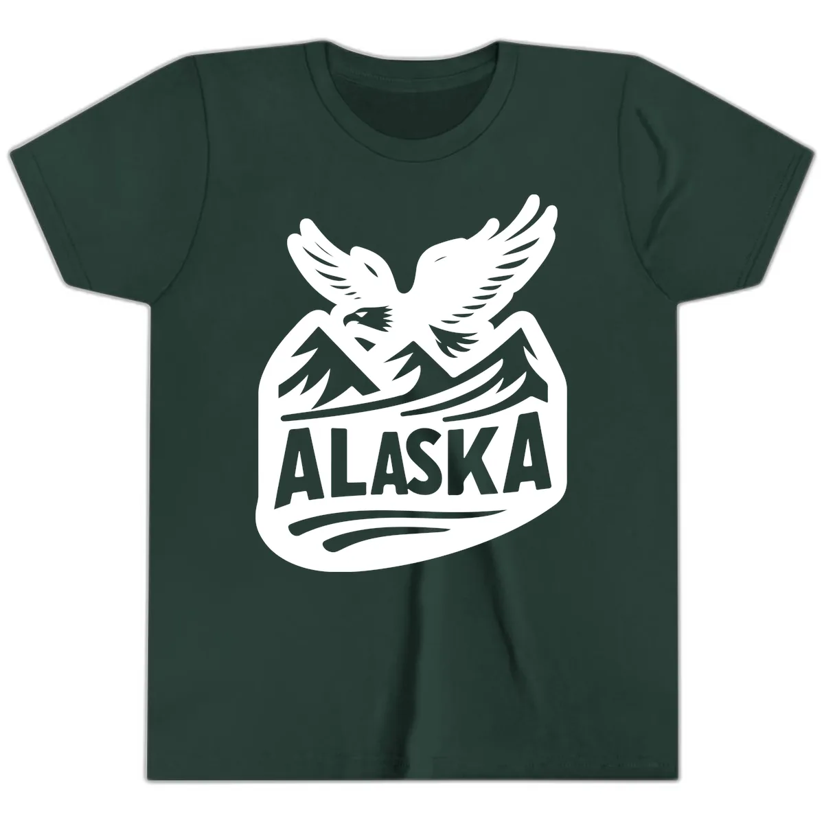 Alaska Flying Eagle Mountain Peaks Emblem Youth T-Shirt in Forest