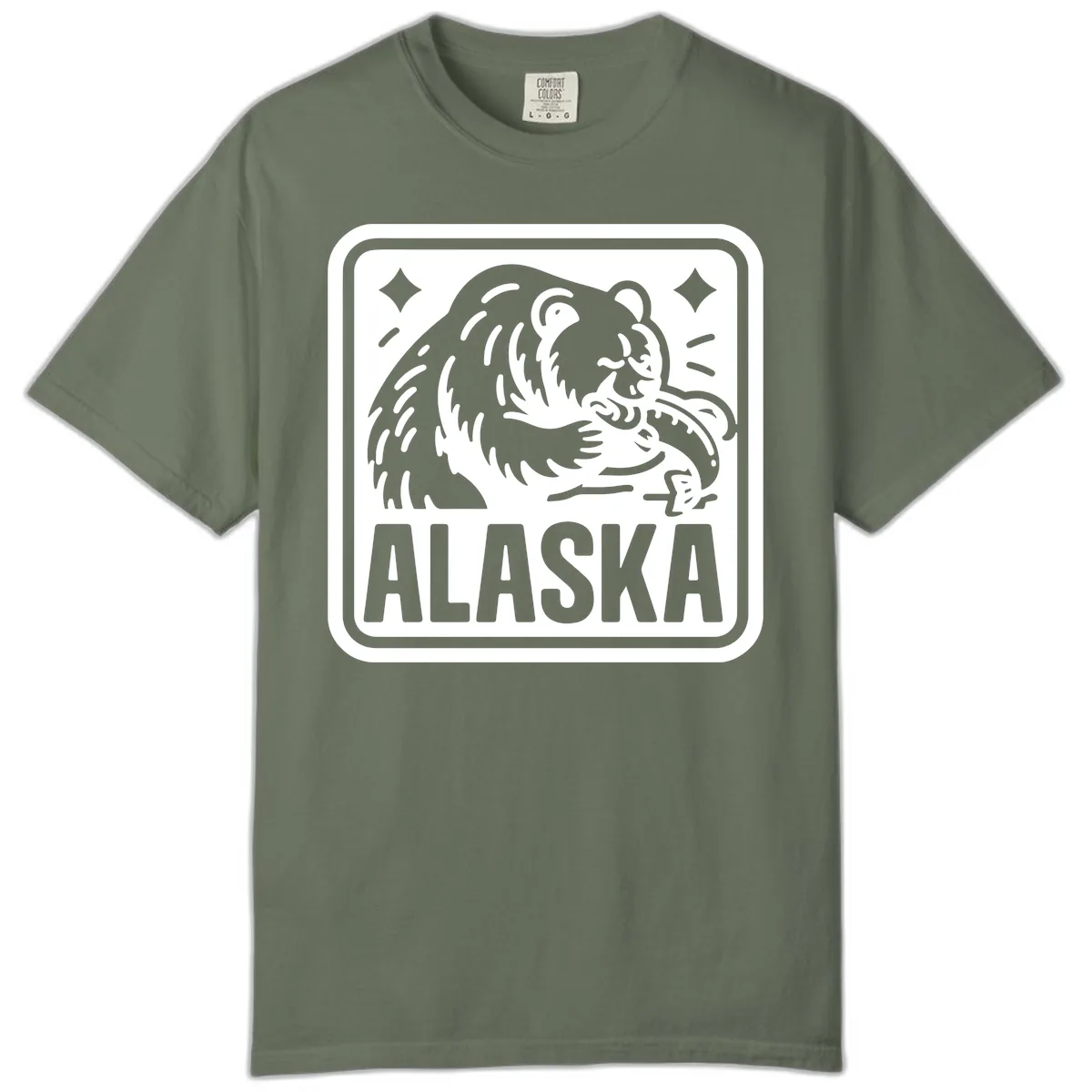 Alaskan Grizzly Bear Fishing Badge Comfort Color in Moss