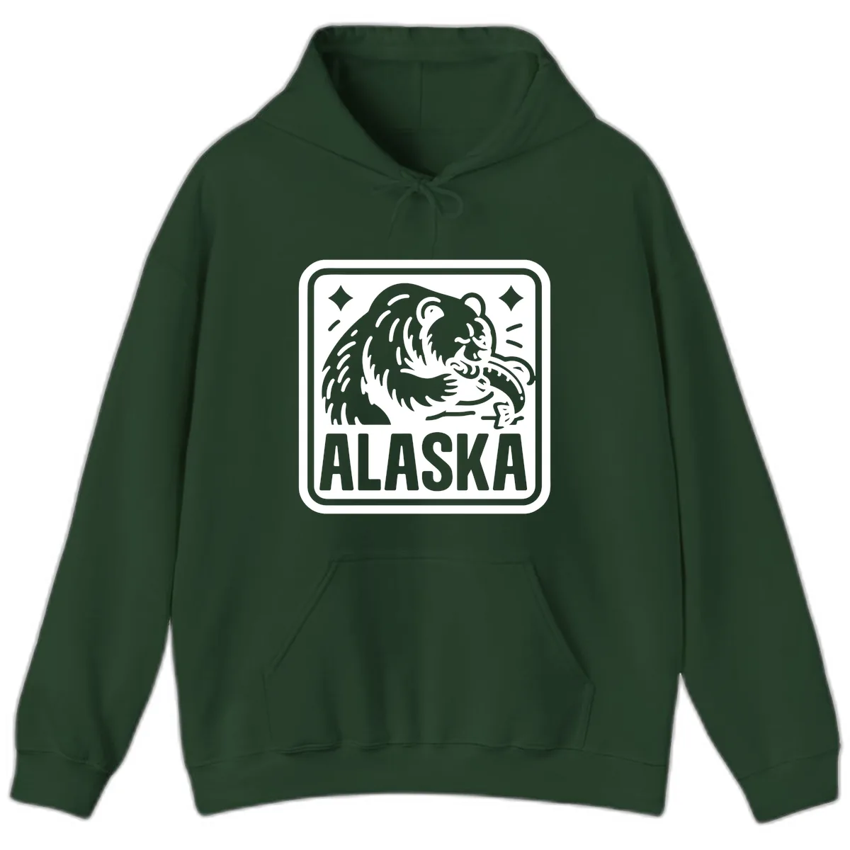 Alaskan Grizzly Bear Fishing Badge Hoodie in Forest Green