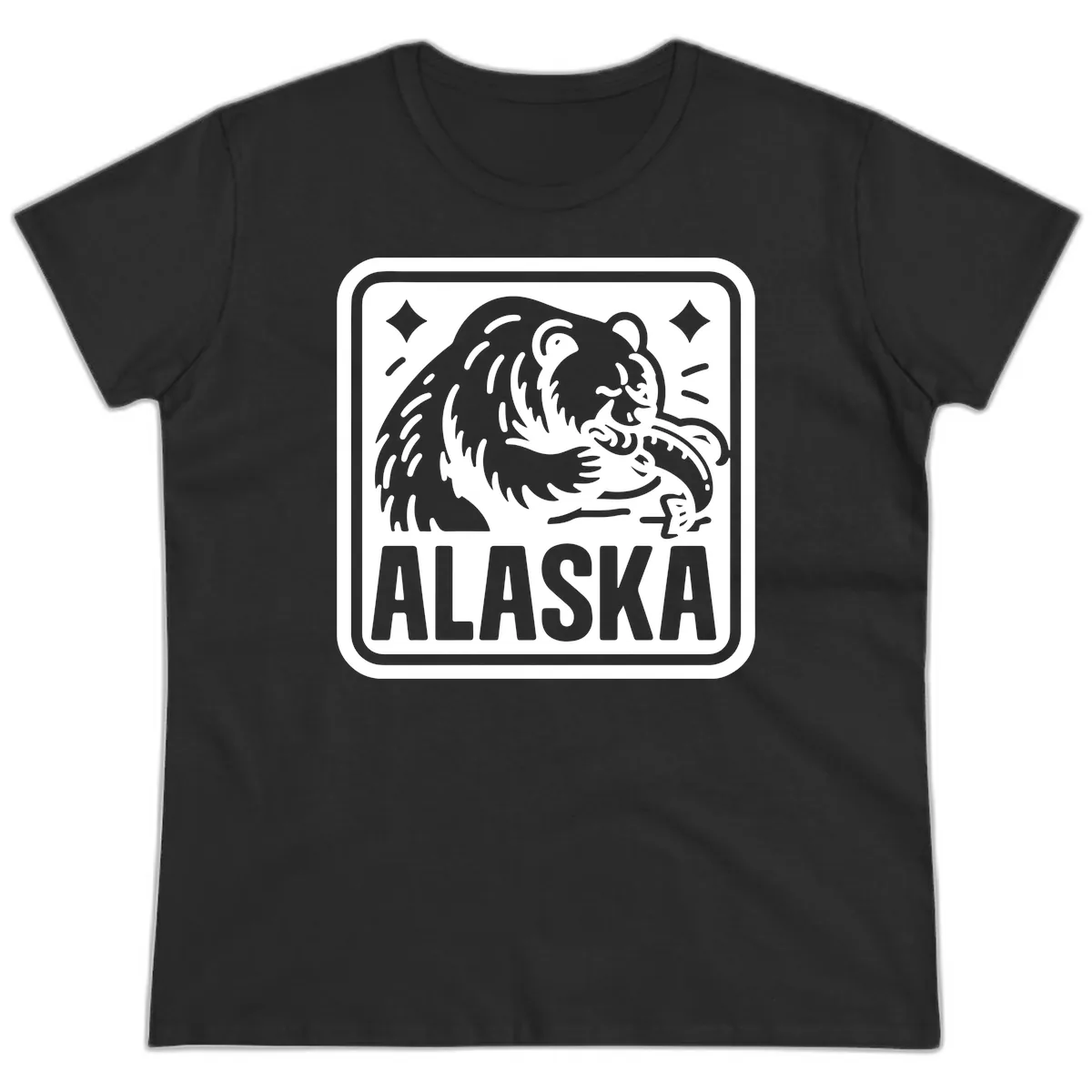 Alaskan Grizzly Bear Fishing Badge Ladies Tee in Black