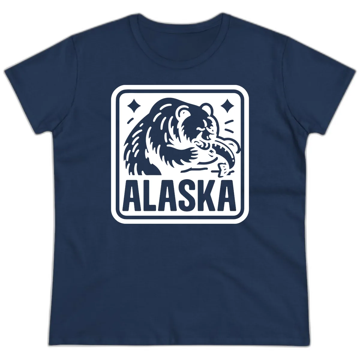Alaskan Grizzly Bear Fishing Badge Ladies Tee in Navy
