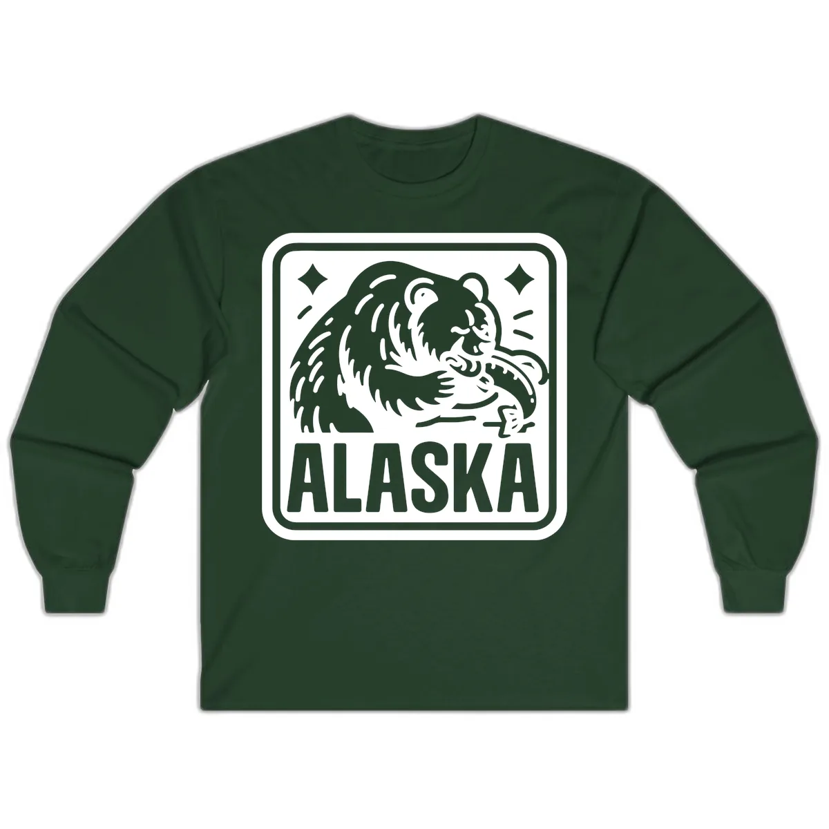 Alaskan Grizzly Bear Fishing Badge Long Sleeve in Forest Green