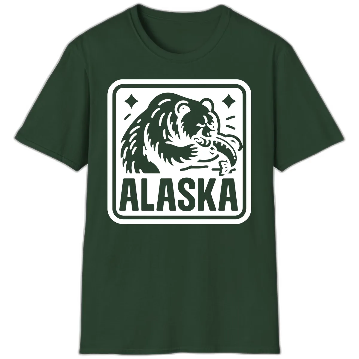 Alaskan Grizzly Bear Fishing Badge T-Shirt in Forest Green
