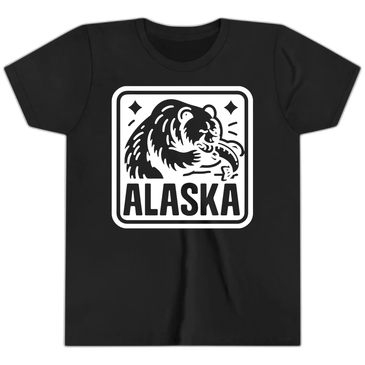 Alaskan Grizzly Bear Fishing Badge Youth T-Shirt in Black