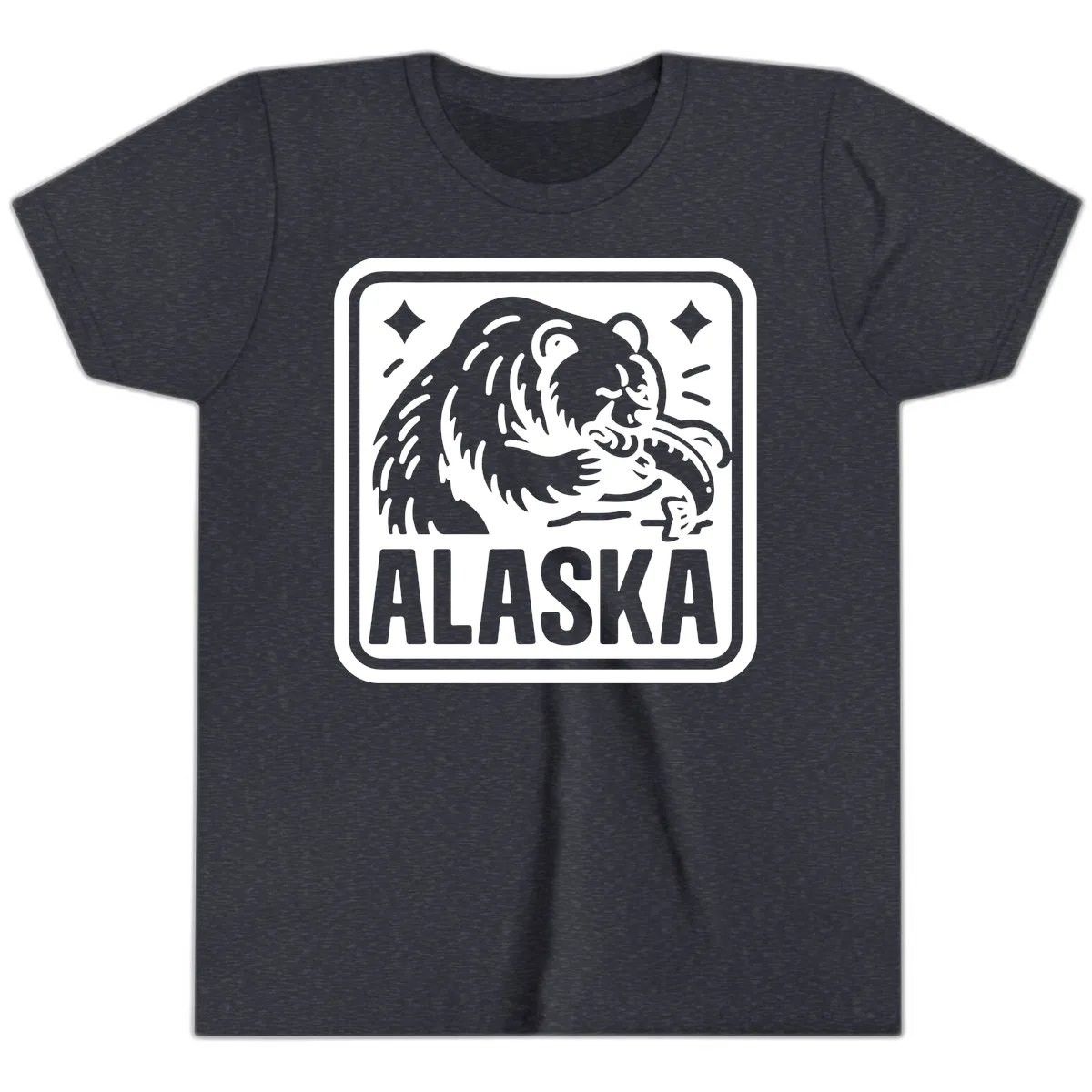 Alaskan Grizzly Bear Fishing Badge Youth T-Shirt in Heather Navy
