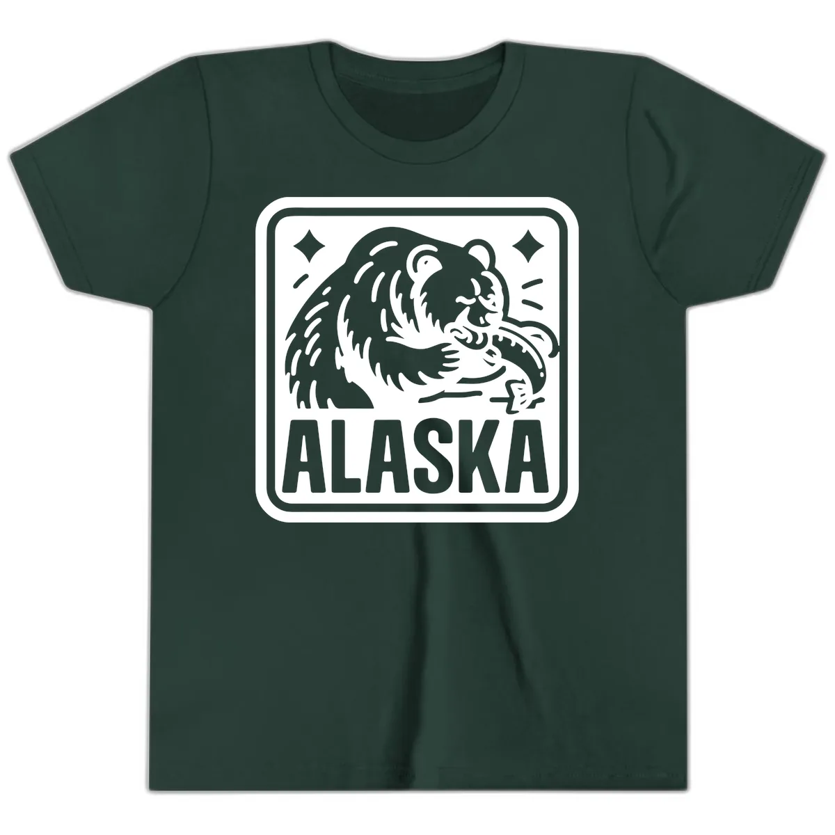 Alaskan Grizzly Bear Fishing Badge Youth T-Shirt in Forest