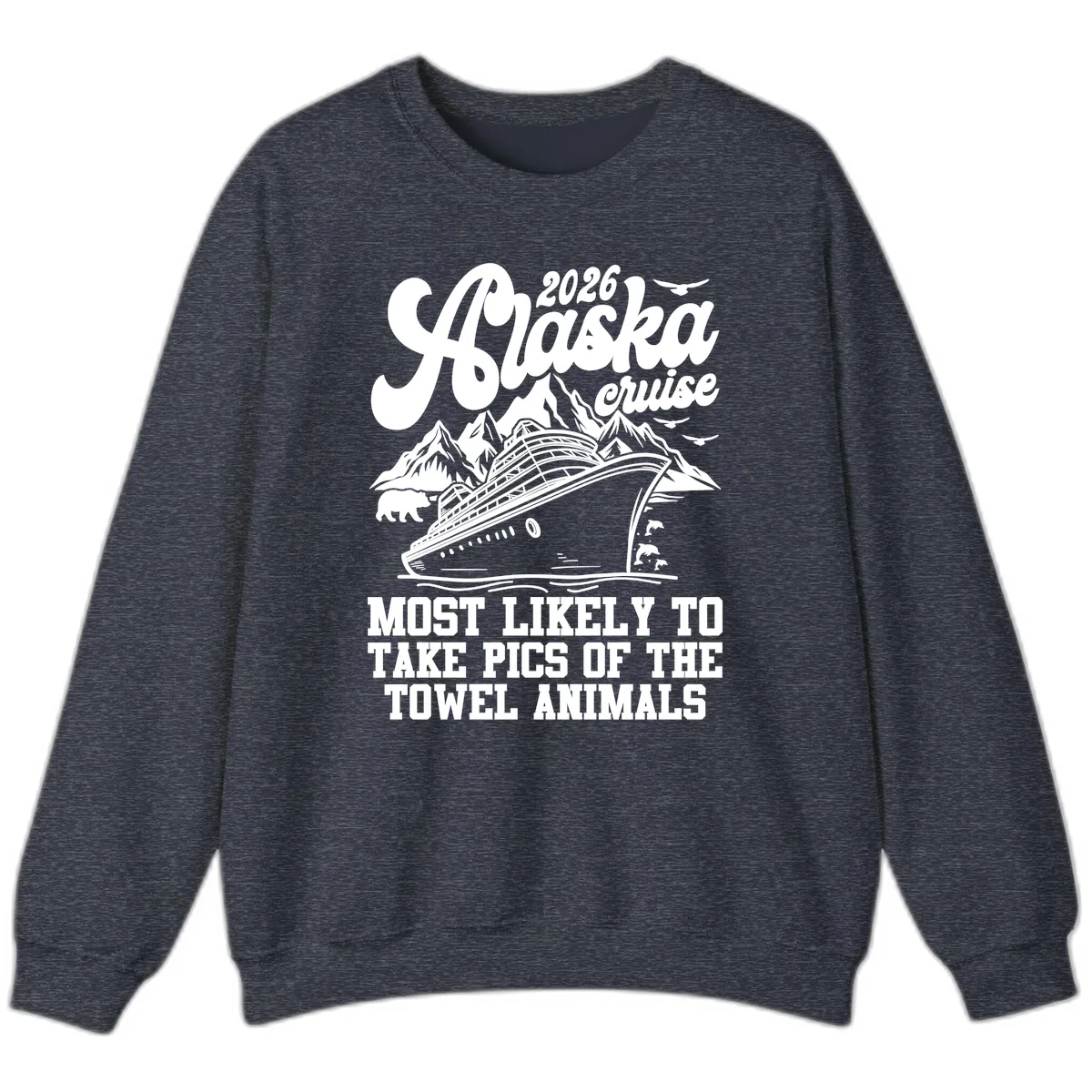 2026 Alaska Cruise Towel Animals Sweatshirt in Heather Sport Dark Navy