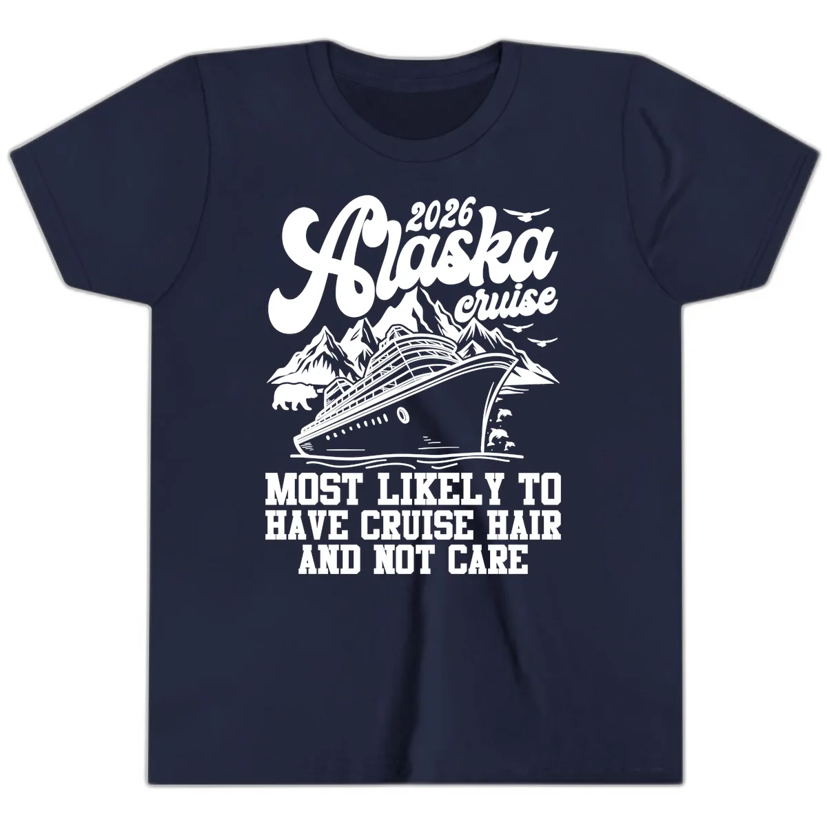 2026 Alaska Cruise Hair Don't Care Youth T-Shirt in Navy