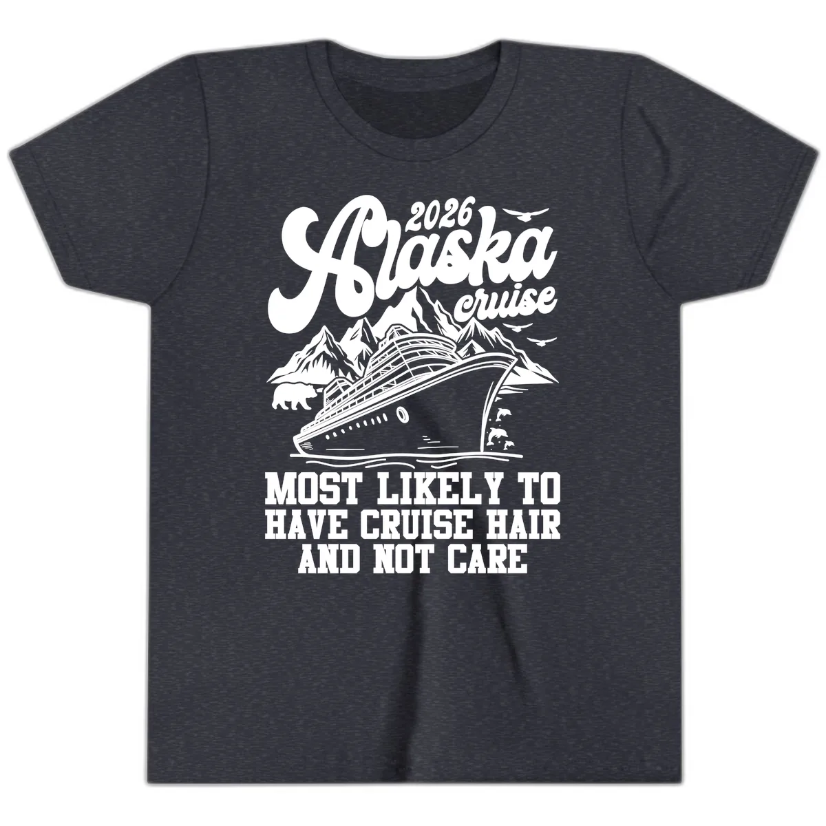 2026 Alaska Cruise Hair Don't Care Youth T-Shirt in Heather Navy