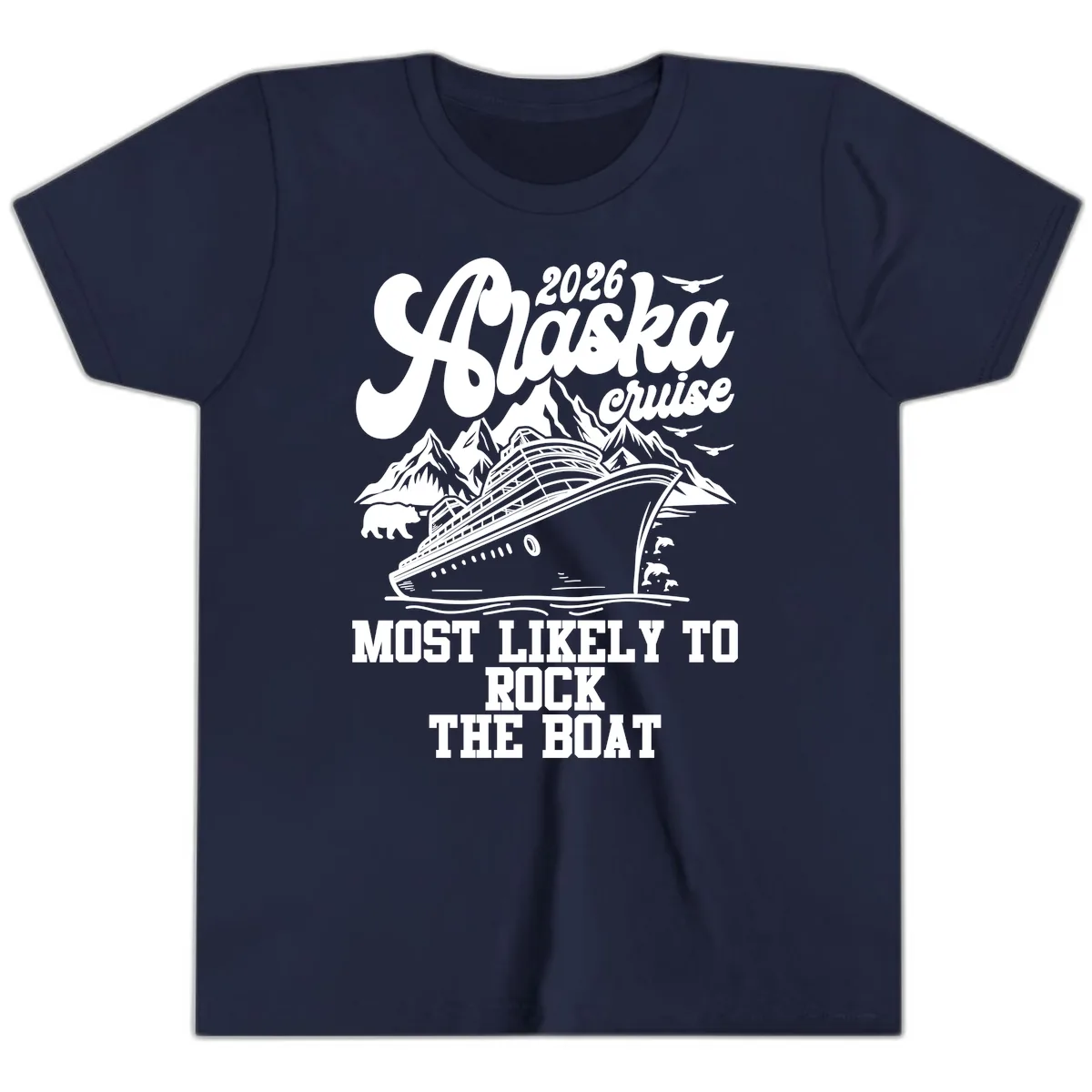 2026 Alaska Cruise Most Likely to Rock the Boat Youth T-Shirt in Navy
