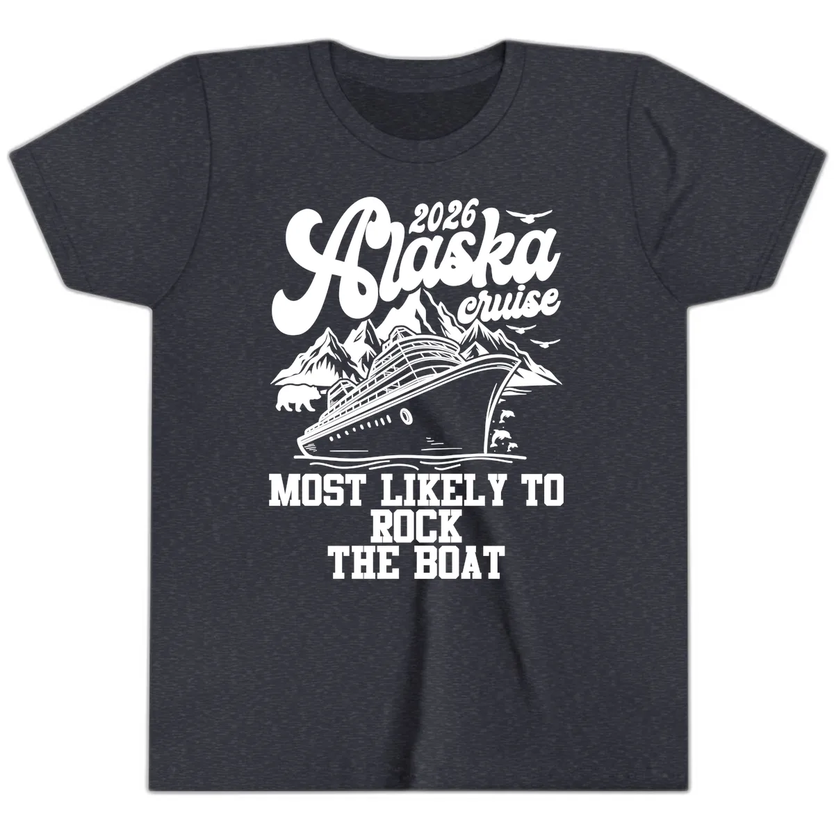 2026 Alaska Cruise Most Likely to Rock the Boat Youth T-Shirt in Heather Navy