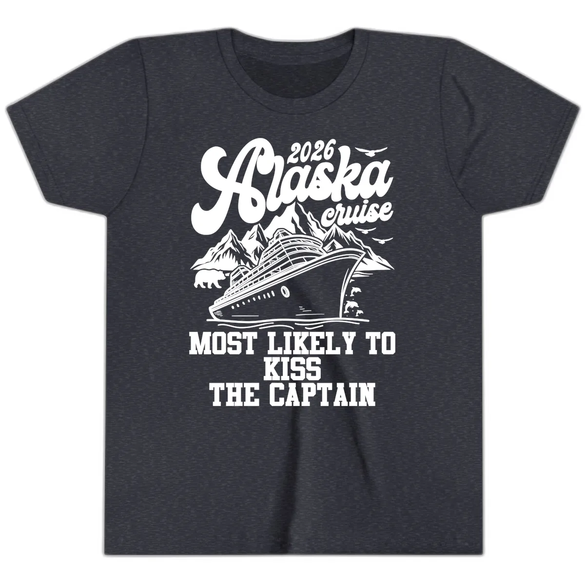 Alaska Cruise Most Likely To Kiss Captain Youth T-Shirt in Heather Navy