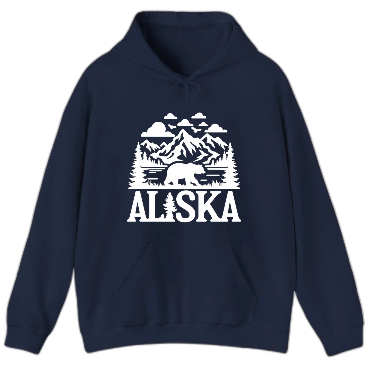 Alaska Bear Mountain Forest Landscape Hoodie in Navy