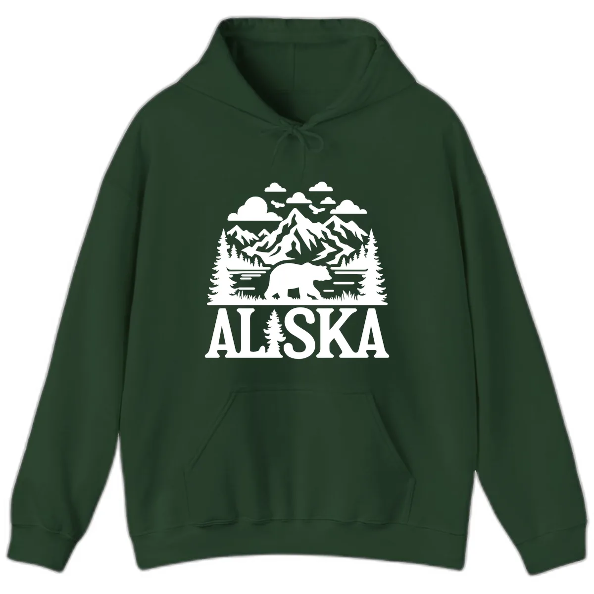 Alaska Bear Mountain Forest Landscape Hoodie in Forest Green