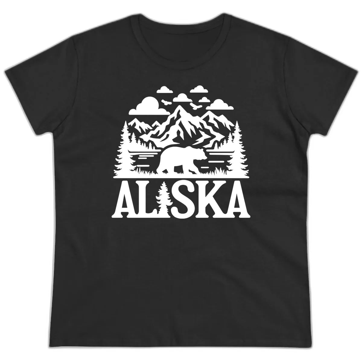 Alaska Bear Mountain Forest Landscape Ladies Tee in Black