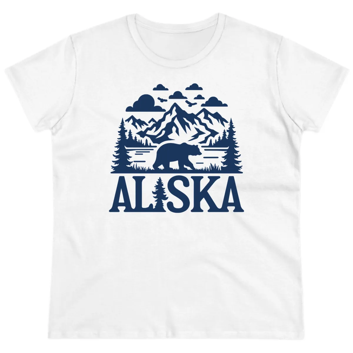 Alaska Bear Mountain Forest Landscape Ladies Tee in White
