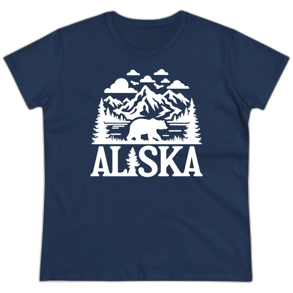 Alaska Bear Mountain Forest Landscape Ladies Tee in Navy