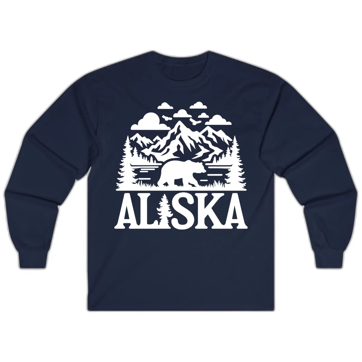 Alaska Bear Mountain Forest Landscape Long Sleeve in Navy
