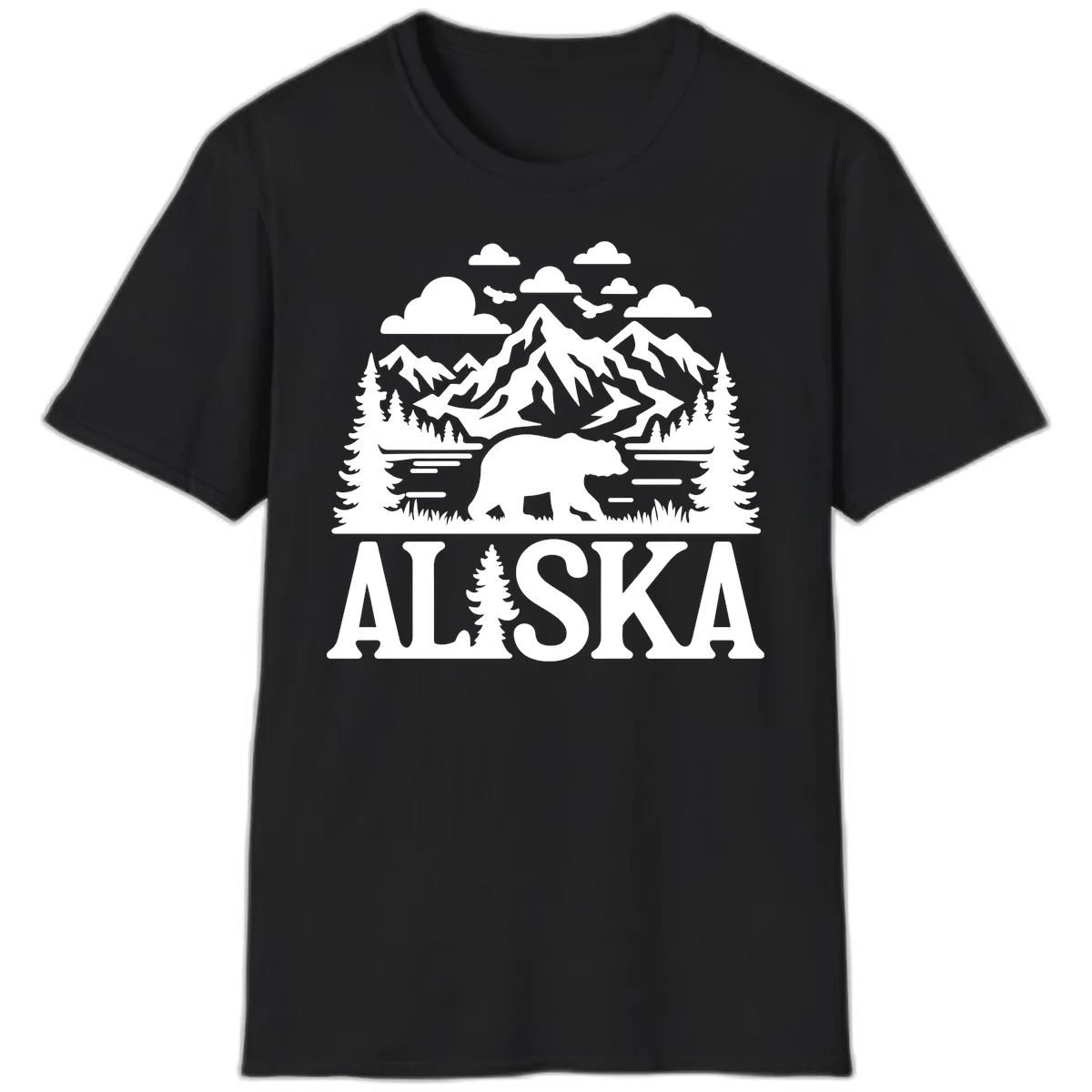 Alaska Bear Mountain Forest Landscape T-Shirt in Black