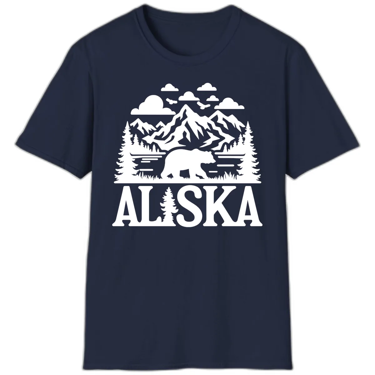 Alaska Bear Mountain Forest Landscape T-Shirt in Navy